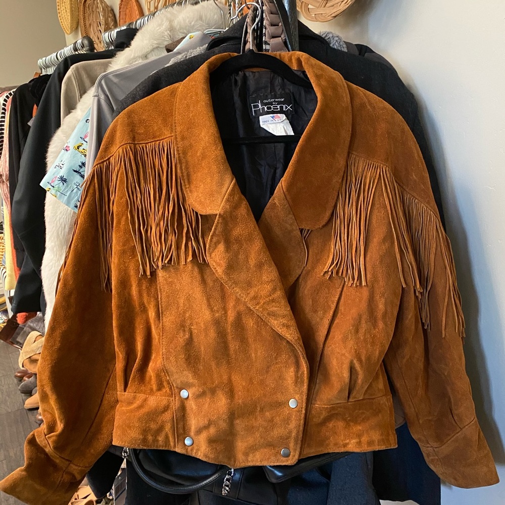 Phoenix vintage genuine leather Tan fringe jacket